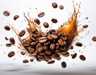 explosión de granos de café arabica tostados, fondo blanco neutro