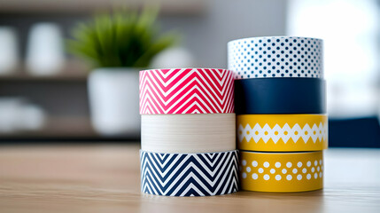 Stack of Colorful Washi Tape Rolls on Wooden Table