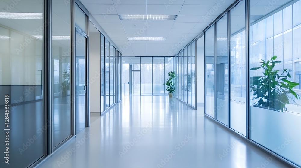 Poster Modern office hallway featuring large glass windows and vibrant greenery creating a refreshing atmosphere : Generative AI