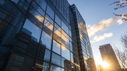 Stunning modern cityscape reflecting the warm sunset on skyscrapers glass windows : Generative AI