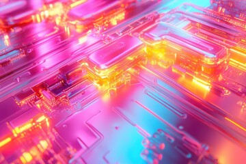 Abstract neon-lit circuit board, vibrant pink and orange hues, futuristic tech.