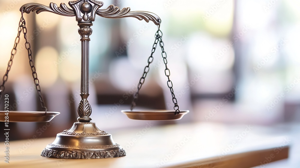 Poster elegant antique scale symbolizing justice with warm bokeh background in a law office setting : gener