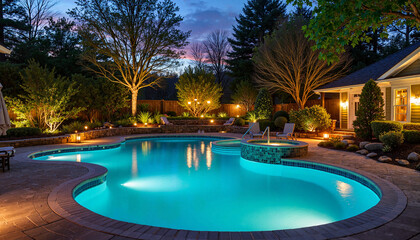 Fototapeta premium Serene illuminated swimming pool in secret garden at twilight, tranquility