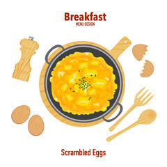 Set of vector illustrations of Thai breakfast food for meals and single dishes. Delicious food, banner, flat, scrambled eggs, bread, sausage, top view, menu, restaurant for food design, easy to edit.
