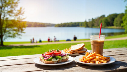 Delicious road trip snacks on picnic table by lakeside, summer getaway