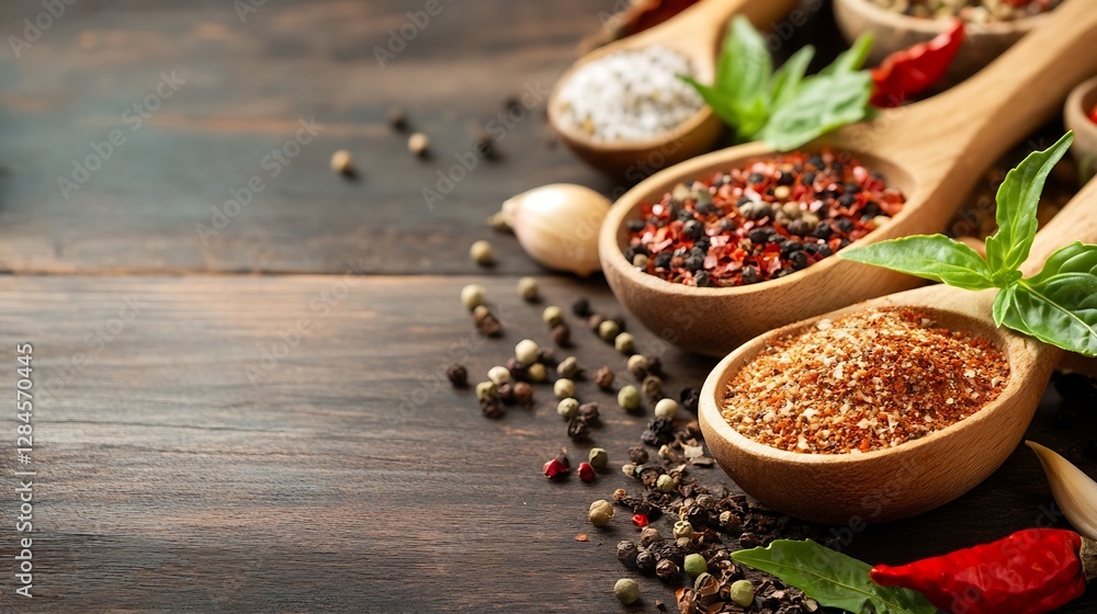 Poster variety of spices arranged in wooden spoons on a rustic table showcases colorful textures and natura