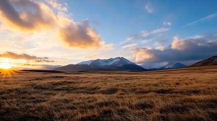Stunning mountain landscape at dawn with vibrant colors and vast grassland under a beautiful sky : Generative AI