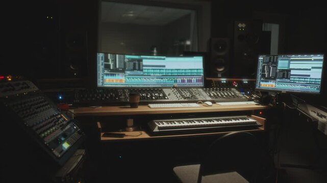 Interior of modern music production studio equipped with digital audio workstations, mixing console and MIDI keyboard for audio recording