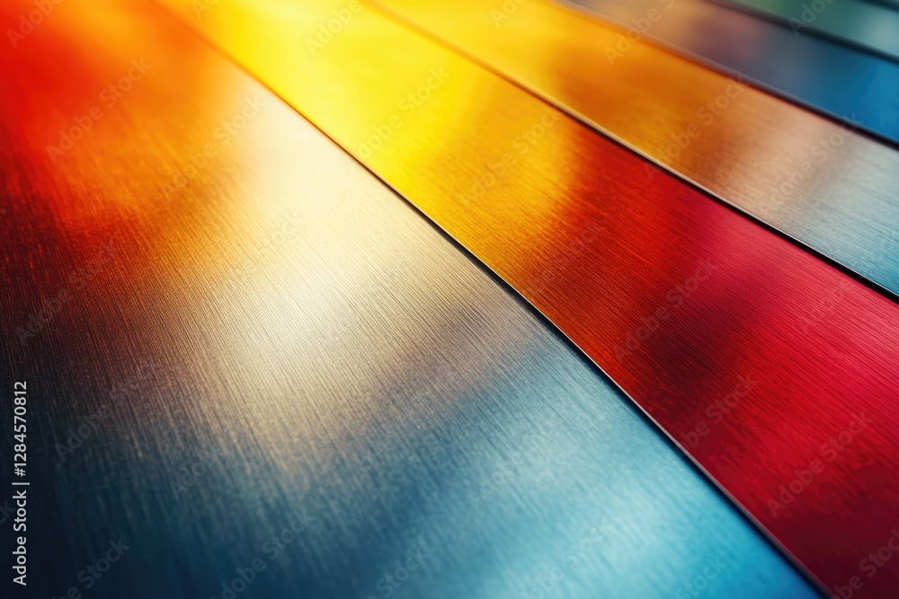 Poster vibrant, multicolored brushed metal sheets intersect at angles, creating a dynamic and colorful abst