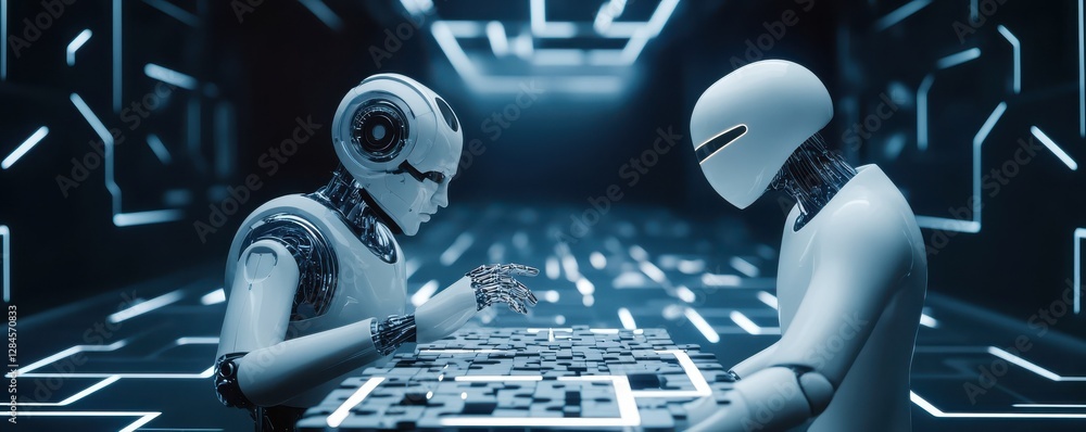 Poster two robots playing high-tech strategy game on futuristic glowing grid board