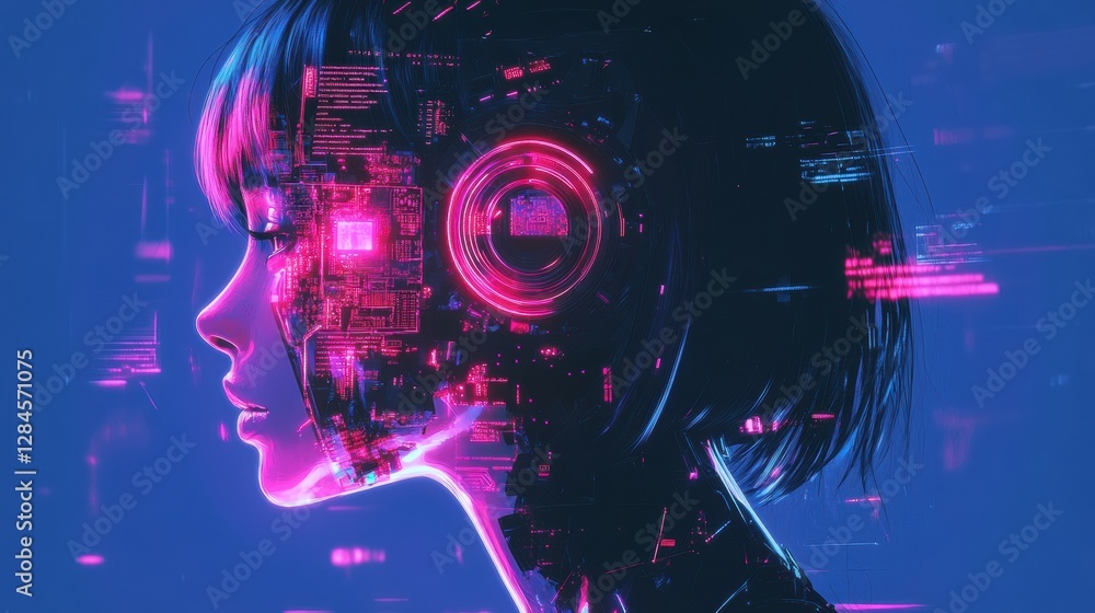 Aufkleber side profile of a futuristic human head featuring glowing robotic eye and intricate mechanical impla