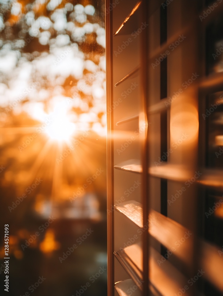 Poster Captivating Sunset Glowing Through Window Blinds Creating a Warm Atmosphere : Generative AI