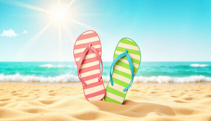 Obraz premium Colorful flip-flops on sandy beach under sunny sky, summer fun