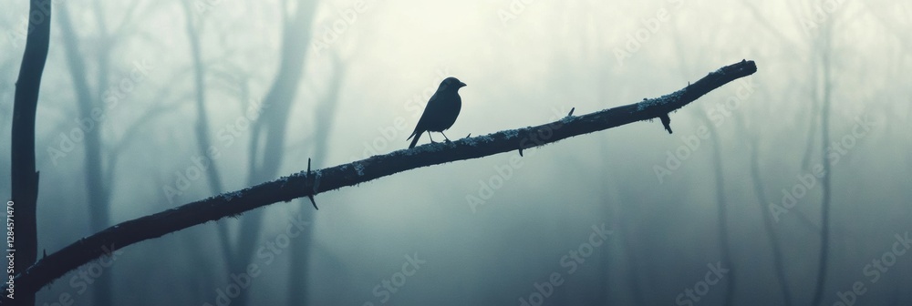 Poster lonely bird perched on a bare branch in a misty forest during early morning light. generative ai
