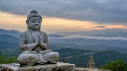 Fototapeta premium Serene Stone Buddha Statue in Tranquil Landscape at Sunset : Generative AI