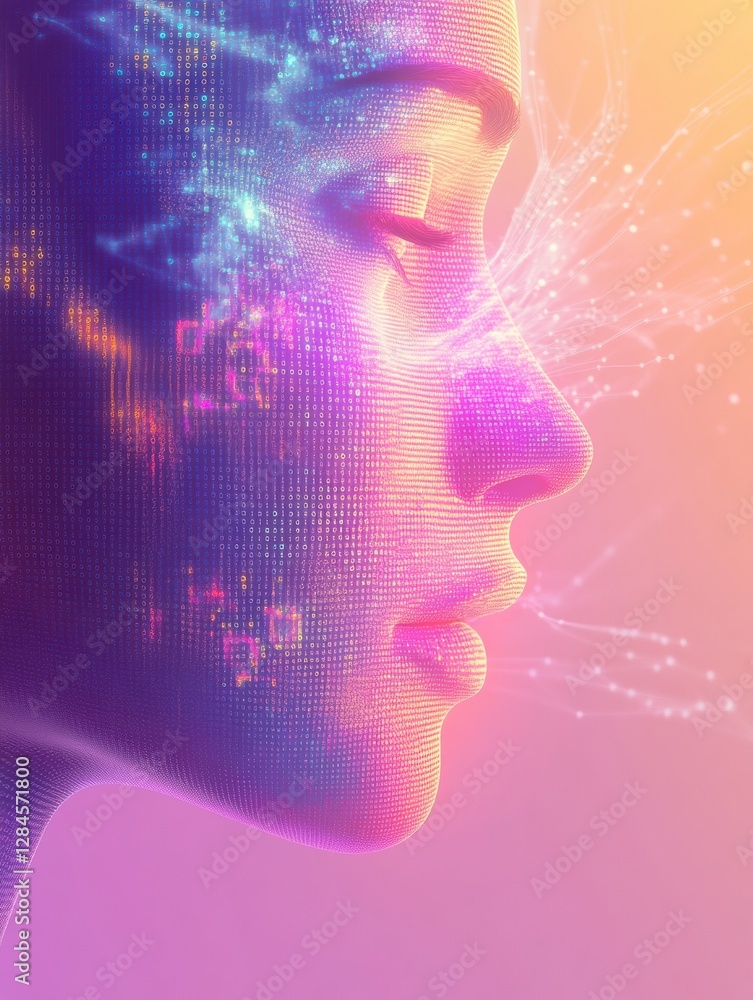 Poster Human face outline transforms into flowing data stream depicting future AI concepts and digital identity evolution. Generative AI