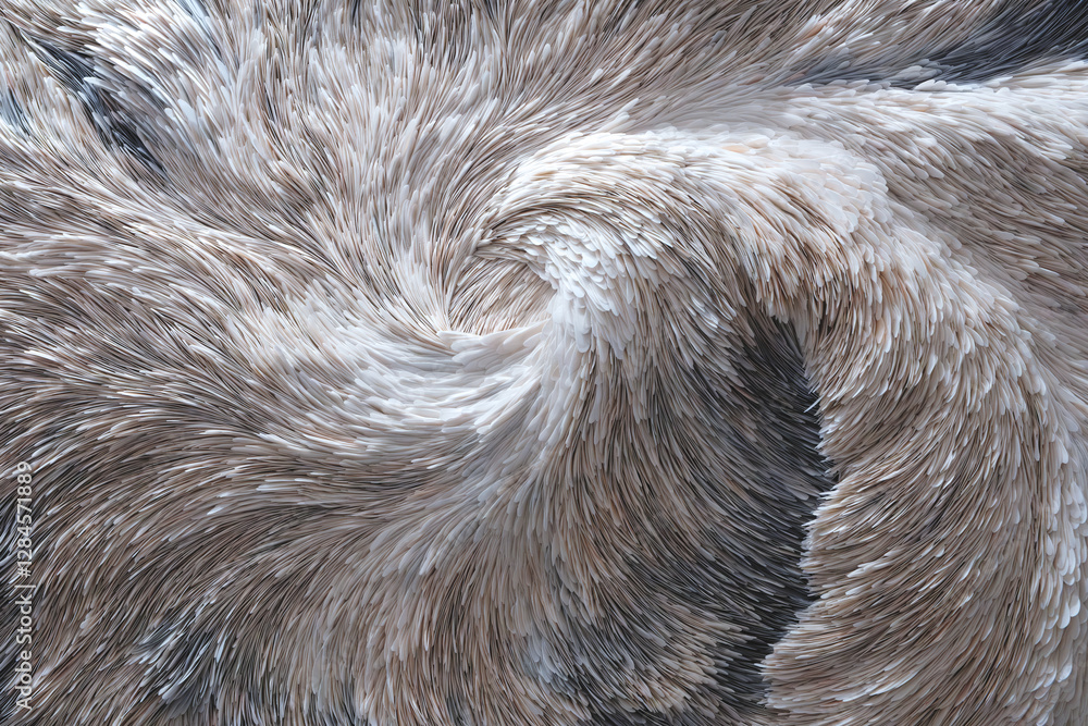 Poster image is a close up of a fuzzy, white, and gray fur texture. fur is curled and twisted, giving it a 