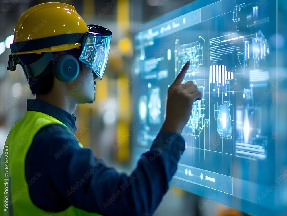 Aufkleber an engineer in a safety helmet interacts with a virtual display in a modern industrial workspace, sh