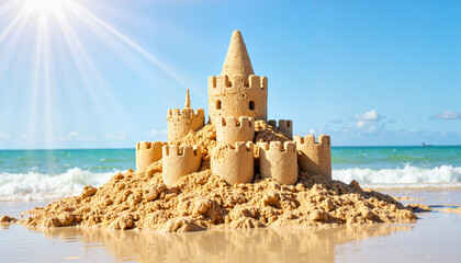 Unique sandcastle structure on beach under midday sun, summer fun