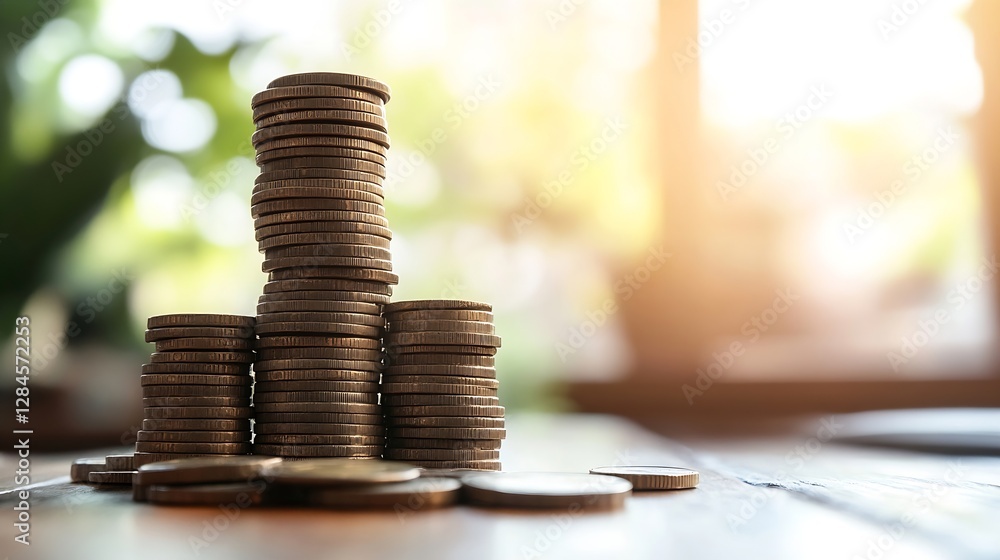 Aufkleber closeup view of stacked coins representing financial growth and wealth accumulation in a bright indo