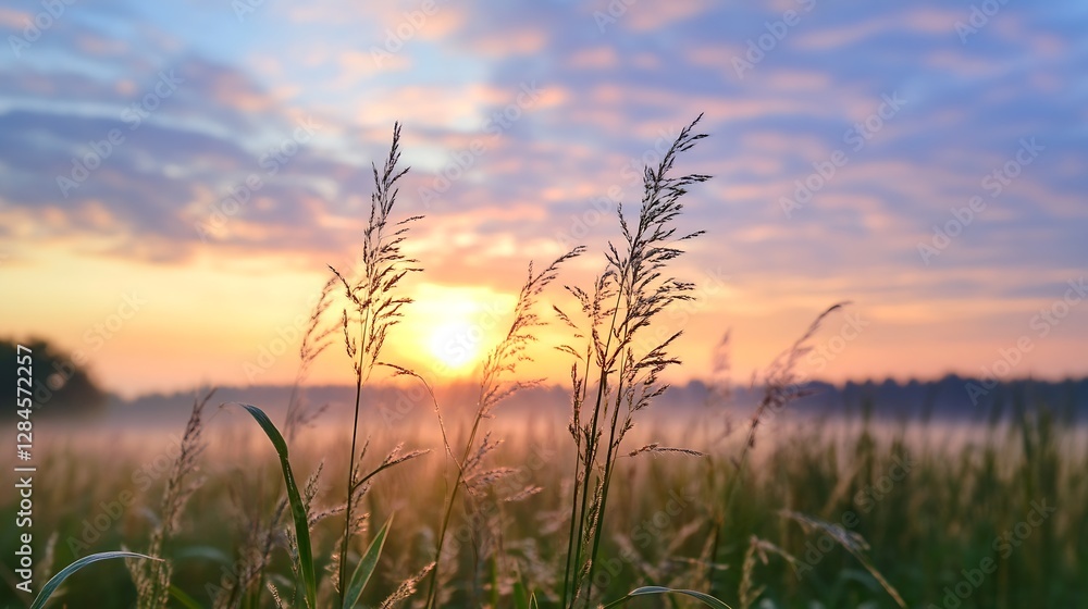Aufkleber stunning sunrise over lush grass field with soft cloudy sky and glowing sunlight : generative ai