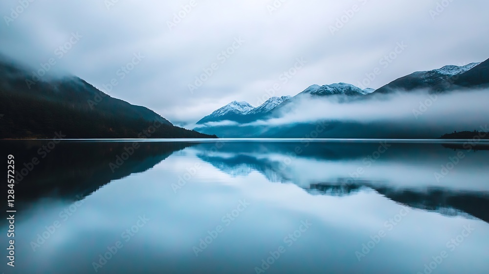 Poster Serene lake surrounded by misty mountains reflecting over calm waters in a tranquil setting : Generative AI