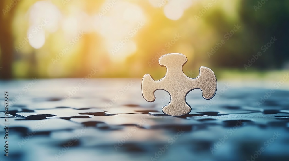 Poster Close up of a single puzzle piece on a blurred puzzle background with warm sunlight filtering through : Generative AI
