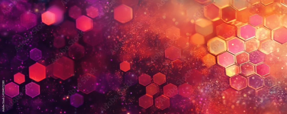 Poster vibrant abstract background with red hexagons and colorful bokeh light effects
