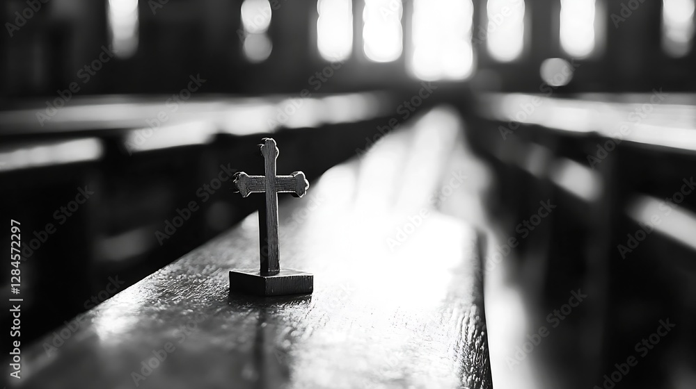 Poster black and white close up of a wooden cross sitting on a church pew with soft light shining through t