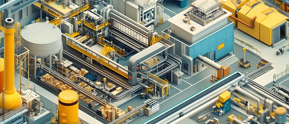 Poster an intricate view of a modern factory showcasing advanced machinery and efficient processes in an in