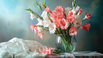 Vibrant pink and white gladiolus in glass vase on elegant draped fabric