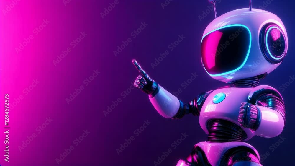 Poster a sleek robot character illuminated by vibrant neon lights, showcasing a modern design and interacti