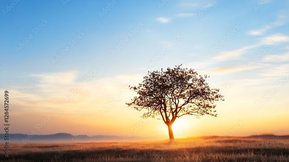 Aufkleber serene sunset view with a solitary tree silhouette in a grassy field under a beautiful sky : generat