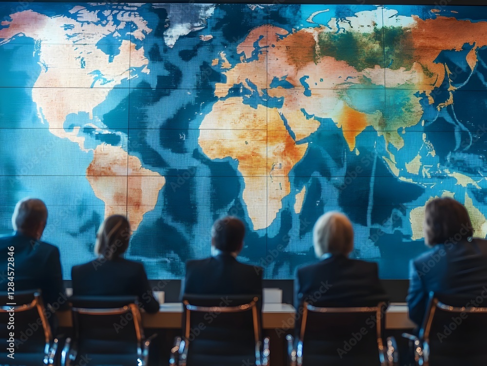 Poster executives analyzing global data trends on a large interactive display, showcasing international col