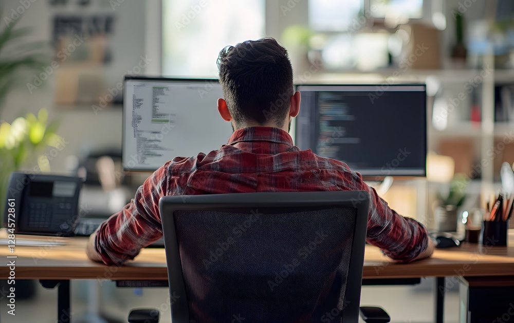 Poster focused young man working at a desk with dual monitors in a modern office, engaged in programming or