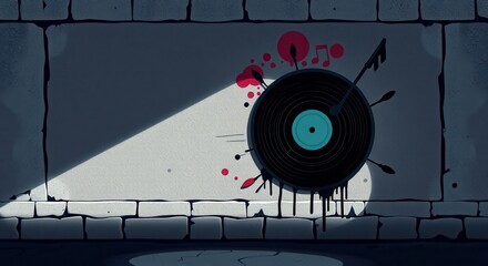 Vinyl record graphic art with music notes, stylized on aged textured concrete wall with light gradient
