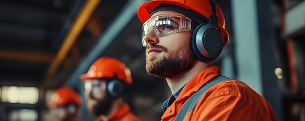 Focused industrial worker wearing protective gear in a factory environment, emphasizing safety and concentration in manufacturing.