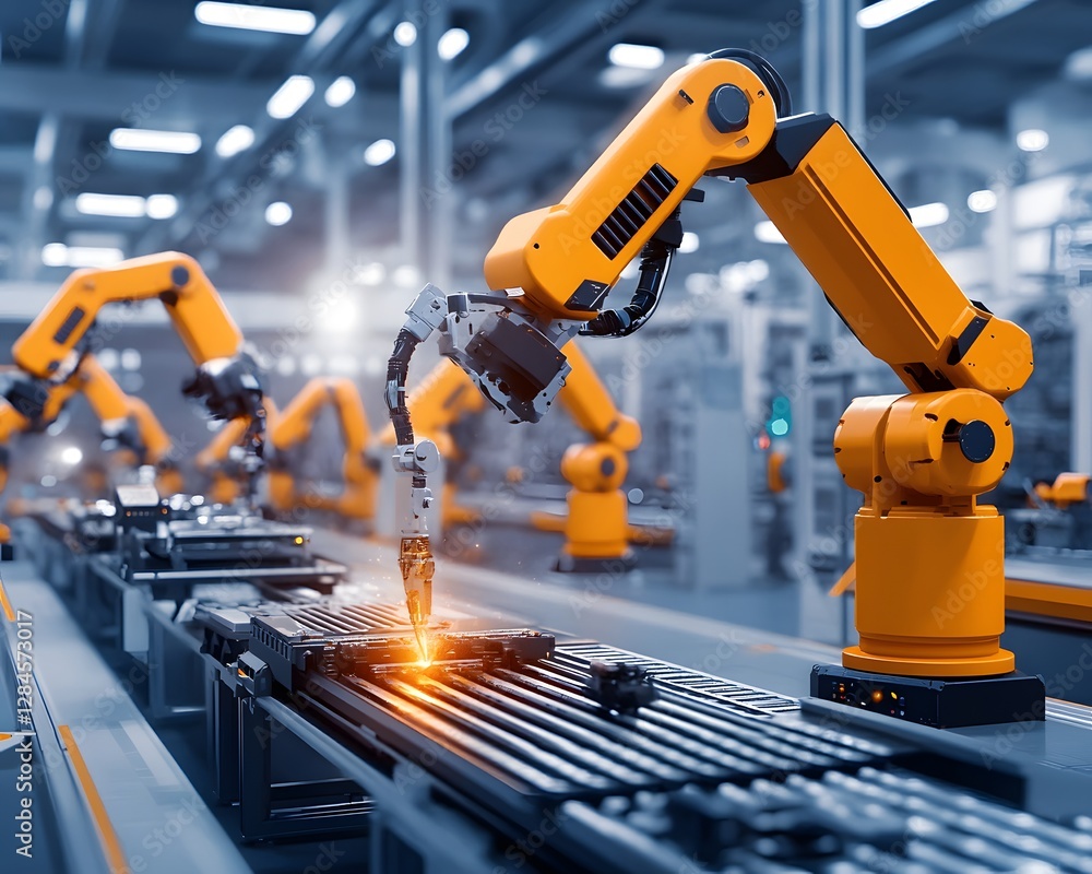 Poster high-tech robotic arms working on an assembly line, showcasing advanced automation in a modern manuf