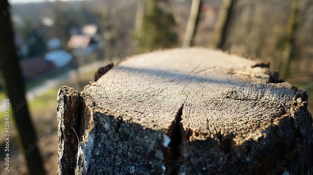 Poster Closeup view of a tree stump showcasing natural texture and grain patterns in sunlight surrounded by forest scenery : Generative AI