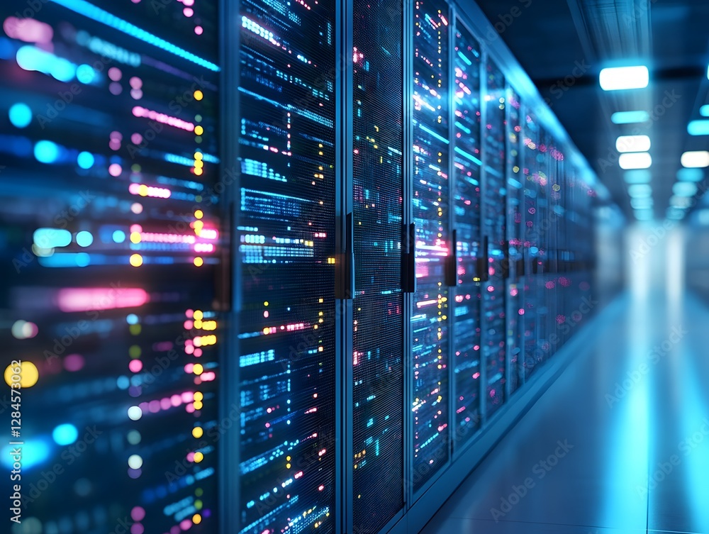 Poster high-tech server room with illuminated data racks showcasing vibrant lights and advanced computing t