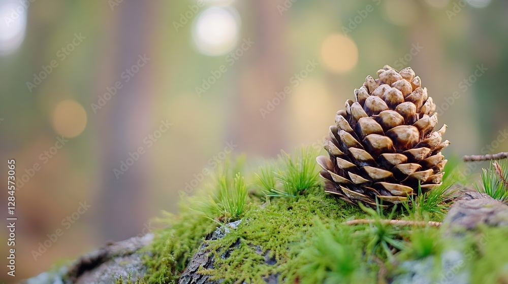 Poster Closeup of a pine cone resting on moss with blurred forest background : Generative AI