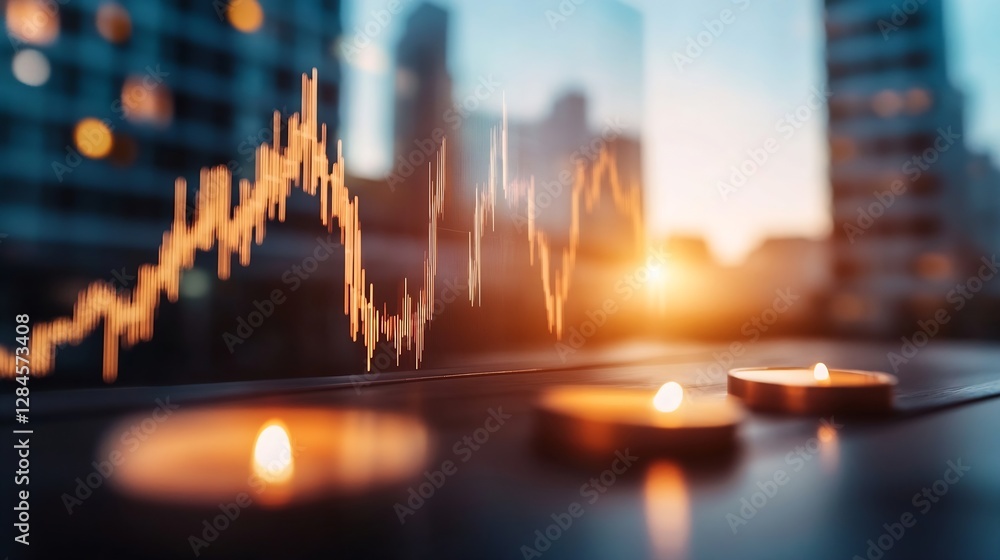 Fototapete Abstract financial graph displayed on a glass screen with candles creating a warm atmosphere at sunset : Generative AI