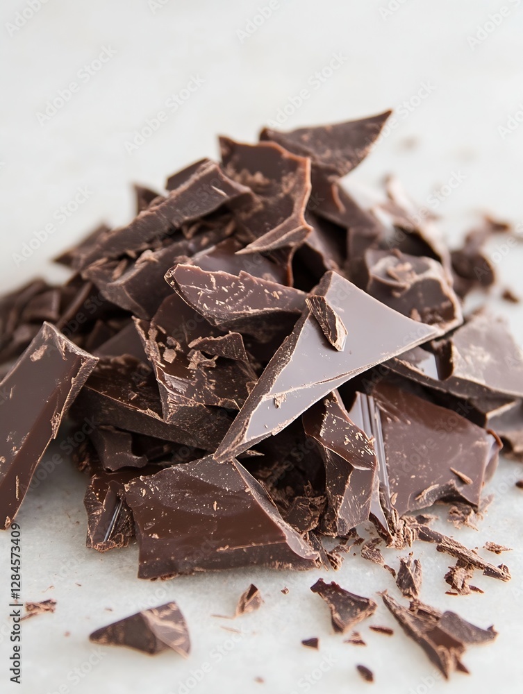 Poster close up of dark chocolate shards scattered on a light surface ready for delicious recipes : generat
