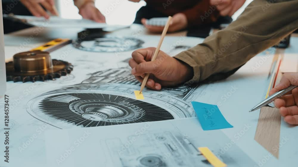 Poster engineers engage in a collaborative workshop, analyzing intricate mechanical designs and discussing 