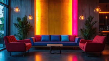 Obraz premium Modern Living Room with Colorful Sofa and Ambient Lighting