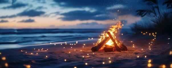 Serene beach sunset with campfire and glowing embers