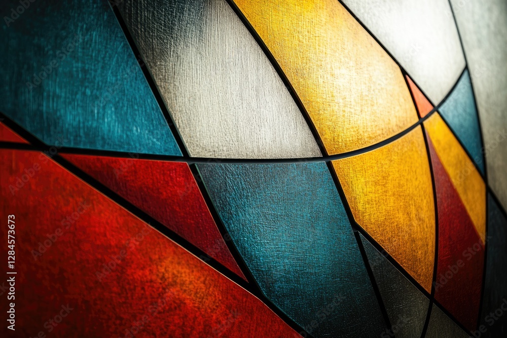 Poster abstract geometric art with vibrant colors and textured surfaces creating a visually captivating pie