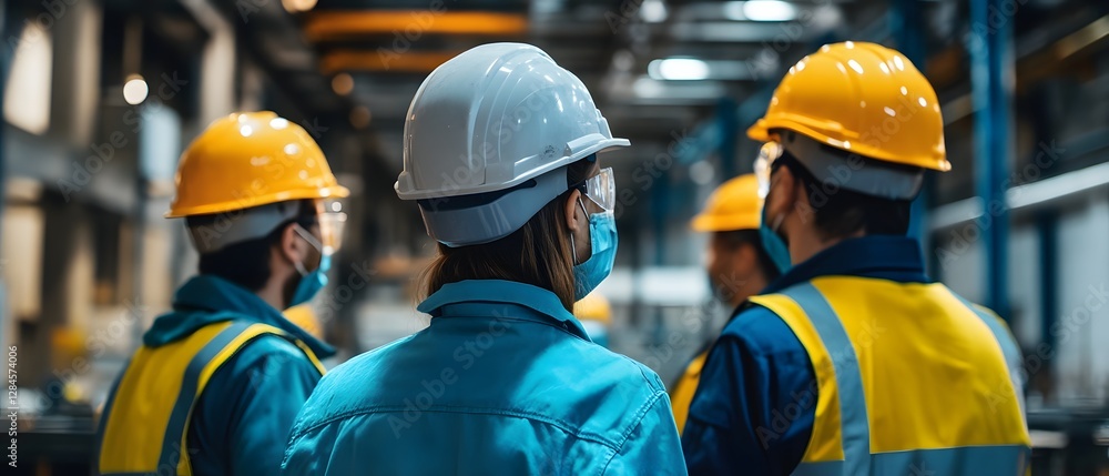 Poster workers in safety helmets and masks observe machinery in a factory. this image captures the essence 