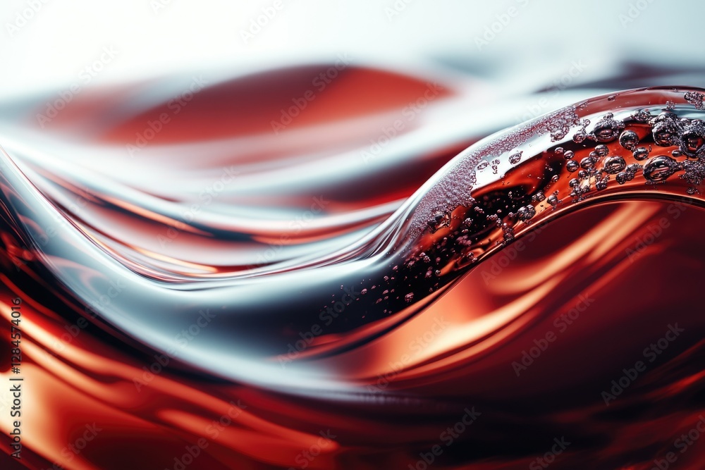 Poster close-up of flowing red liquid with bubbles, creating elegant, wavy patterns.