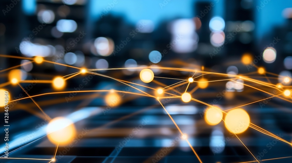 Poster abstract digital connections with glowing nodes against an urban cityscape background during nightti